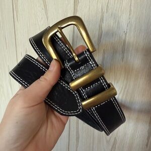 JCrew Women’s Black Leather Belt with Gold Buckle and White trim, Size Medium